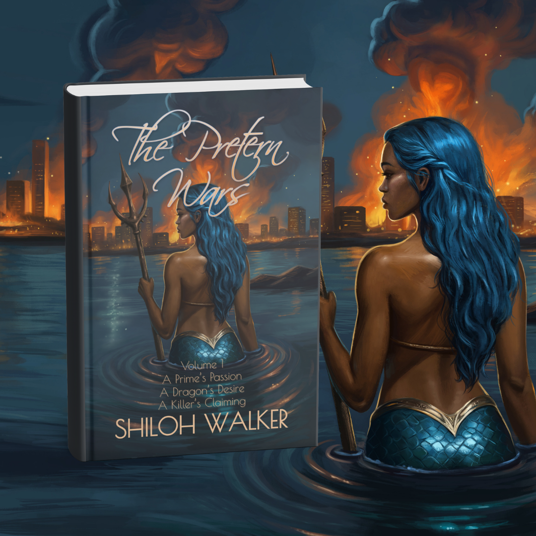 Shows a graphic of a mermaid holding a trident against a burning city. A mockup of a book featuring the same art is highlighted. The text reads: The Pretern Wars.
