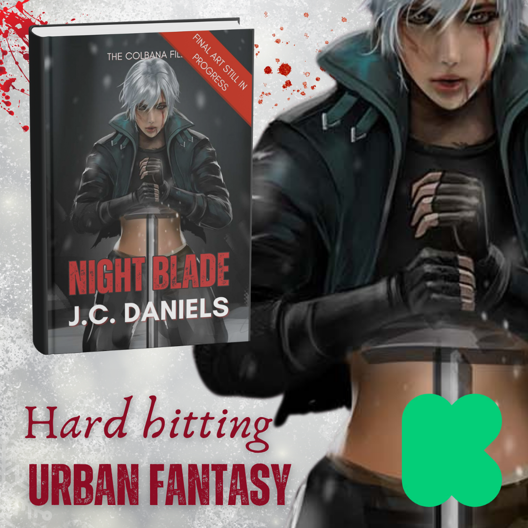 graphic of a young woman in black gear and fingerless gloves, holding a sword. Shows the same artwork on a mockup of a book. Text reads NIGHT BLADE, hard-hitting urban fantasy.